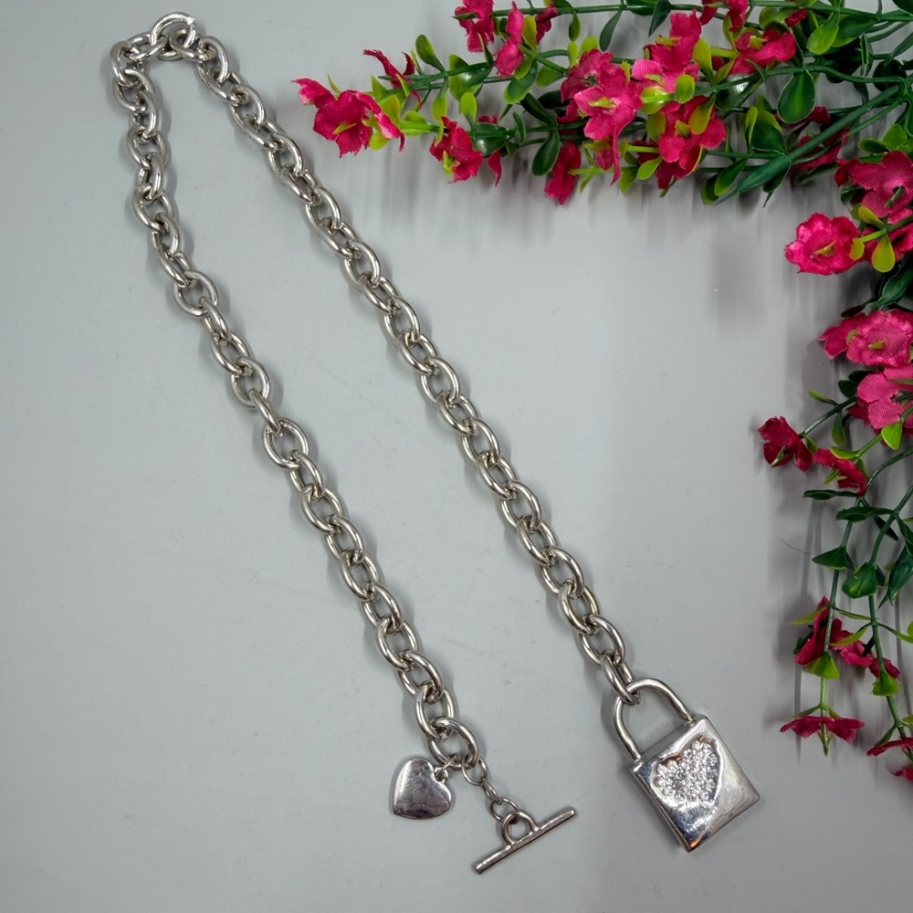 Silver Chain Necklace with Crystal Heart Pad Lock